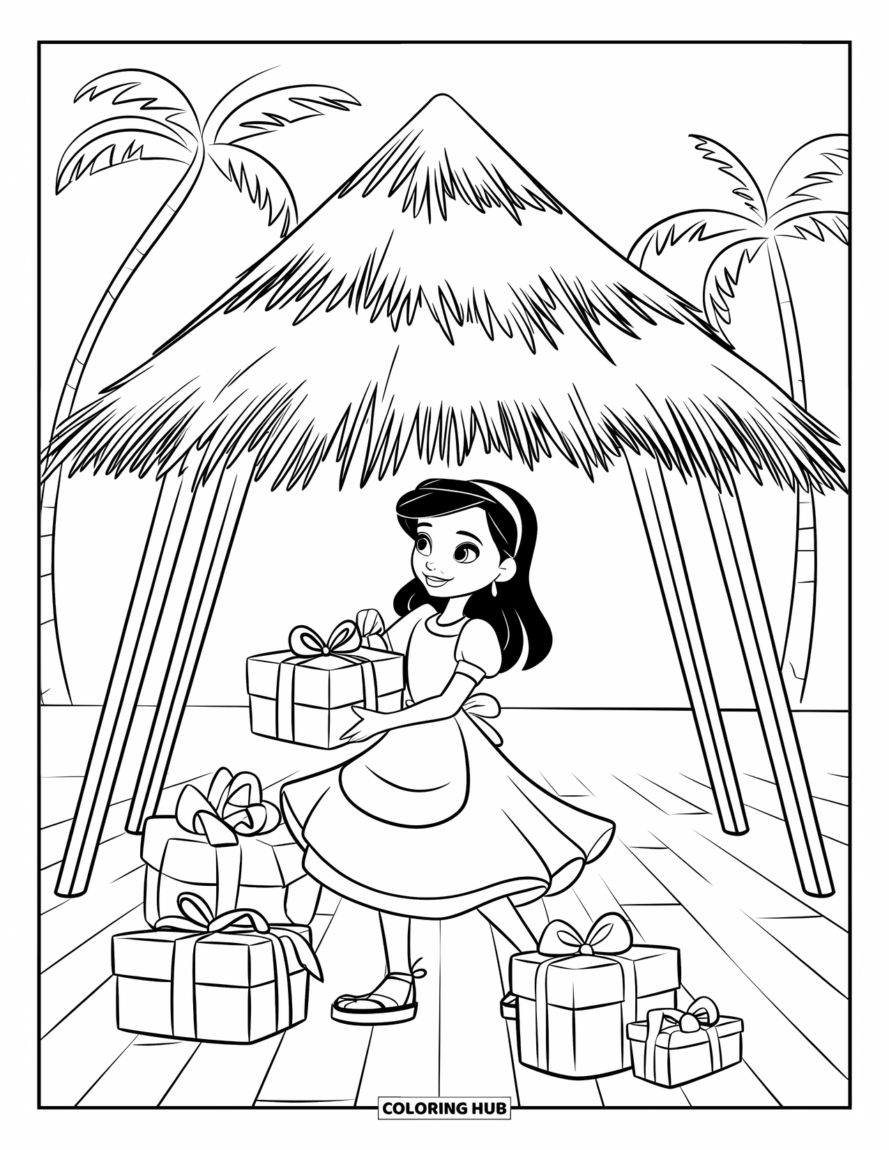 Christmas In July Coloring Page for Kids: A stylish girl wraps gifts under a tiki hut surrounded by palm trees