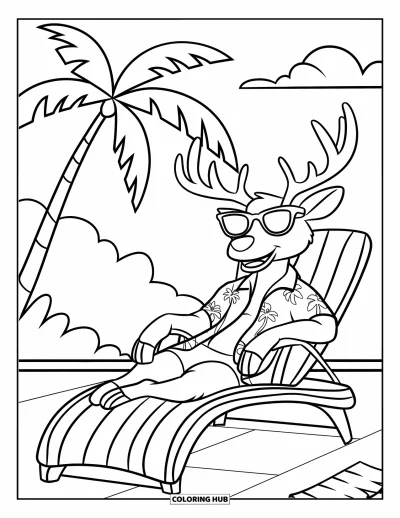 Coloriage de Noël en juillet pour enfants : Un renne élégant en lunettes de soleil se détend sur une chaise longue près de palmiers