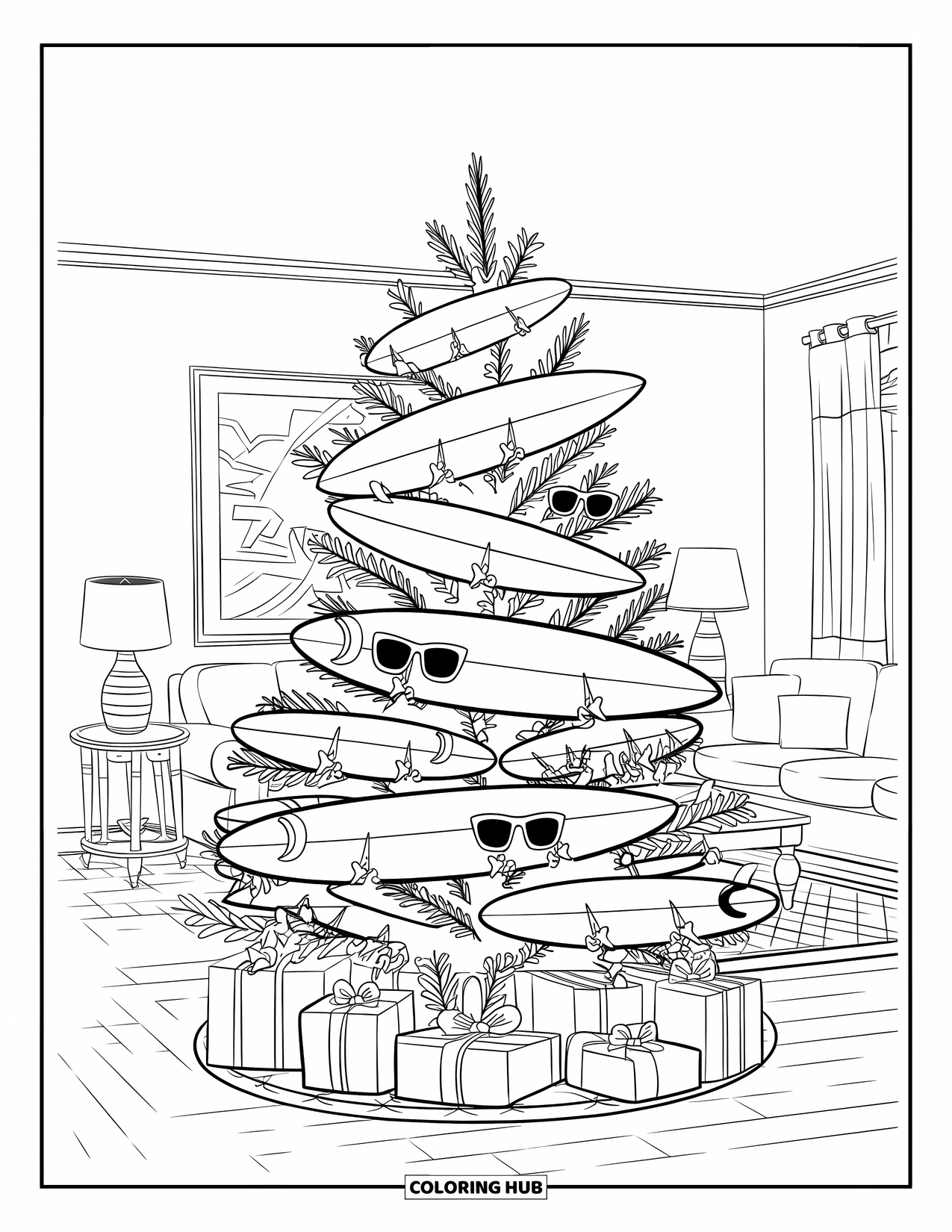 Christmas In July Coloring Page for Kids: A surfboard-decorated Christmas tree stands in a cozy beachside home