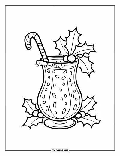 Coloriage de Noël en juillet pour enfants : Une boisson tropicale avec une canne en sucre d'orge comme agitateur et des feuilles de houx