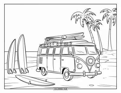 Coloriage de Noël en juillet pour enfants : Un camping-car rétro avec des planches de surf et des lumières stationné au bord du sable
