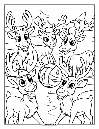 Coloriage de Noël en juillet pour enfants : Des rennes jouent au volleyball dans la neige avec des bonnets rouges et de grands sourires