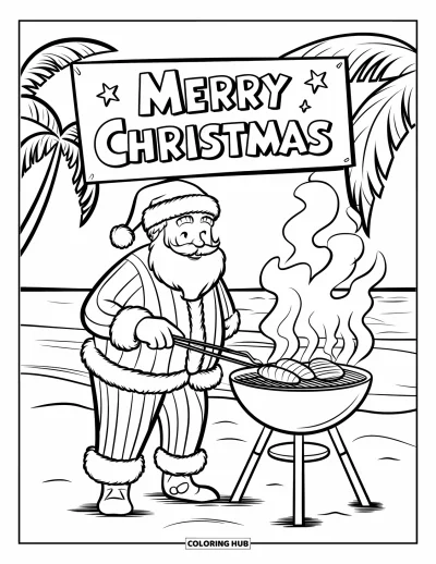 Coloriage de Noël en juillet pour enfants : Le Père Noël fait un barbecue sur la plage près d'un panneau Joyeux Noël et des vagues