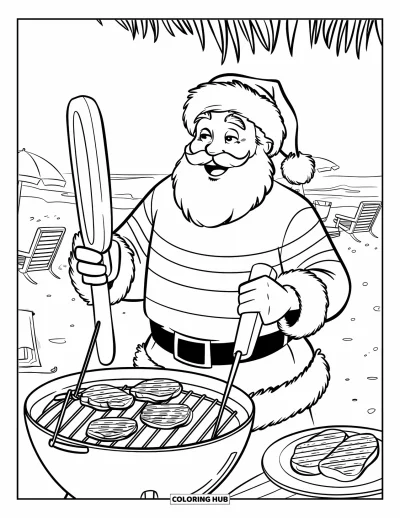 Coloriage de Noël en juillet pour enfants : Le Père Noël cuisine à un grill de plage entouré de chaises et de parasols