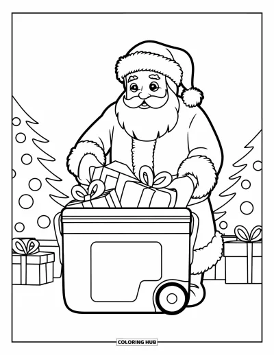 Coloriage de Noël en juillet pour enfants : Le Père Noël remplit une glacière de cadeaux à la place de sa hotte habituelle