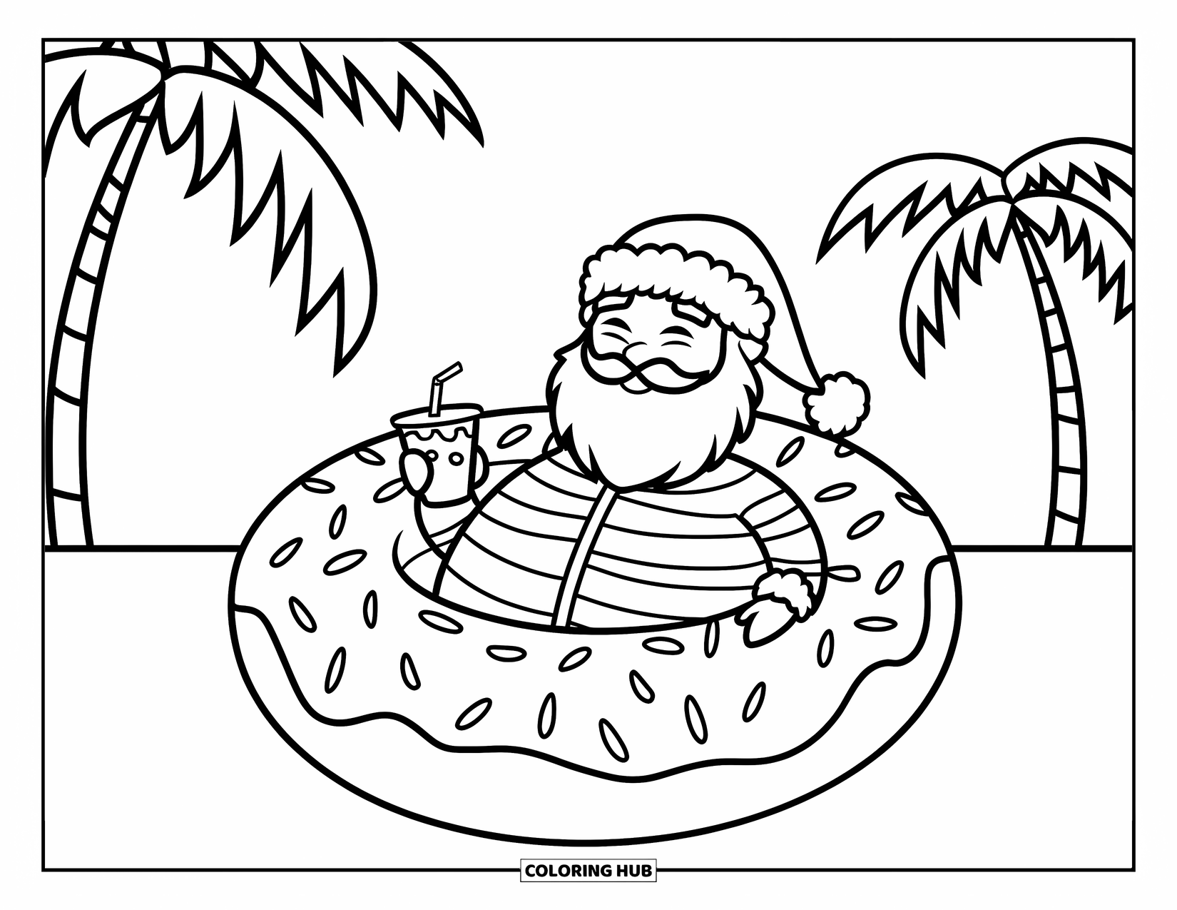 Christmas In July Coloring Page for Kids: Santa lounges on a donut float in a pool beneath tropical palm trees