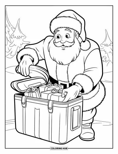 Coloriage de Noël en juillet pour enfants : Le Père Noël place des cadeaux emballés dans une glacière par une journée enneigée