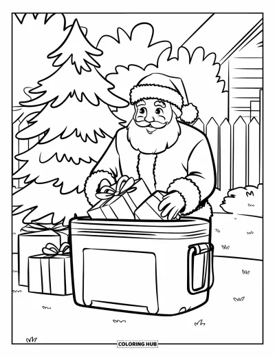Coloriage de Noël en juillet pour enfants : Le Père Noël dépose des cadeaux dans une glacière près d'un sapin et d'une maison