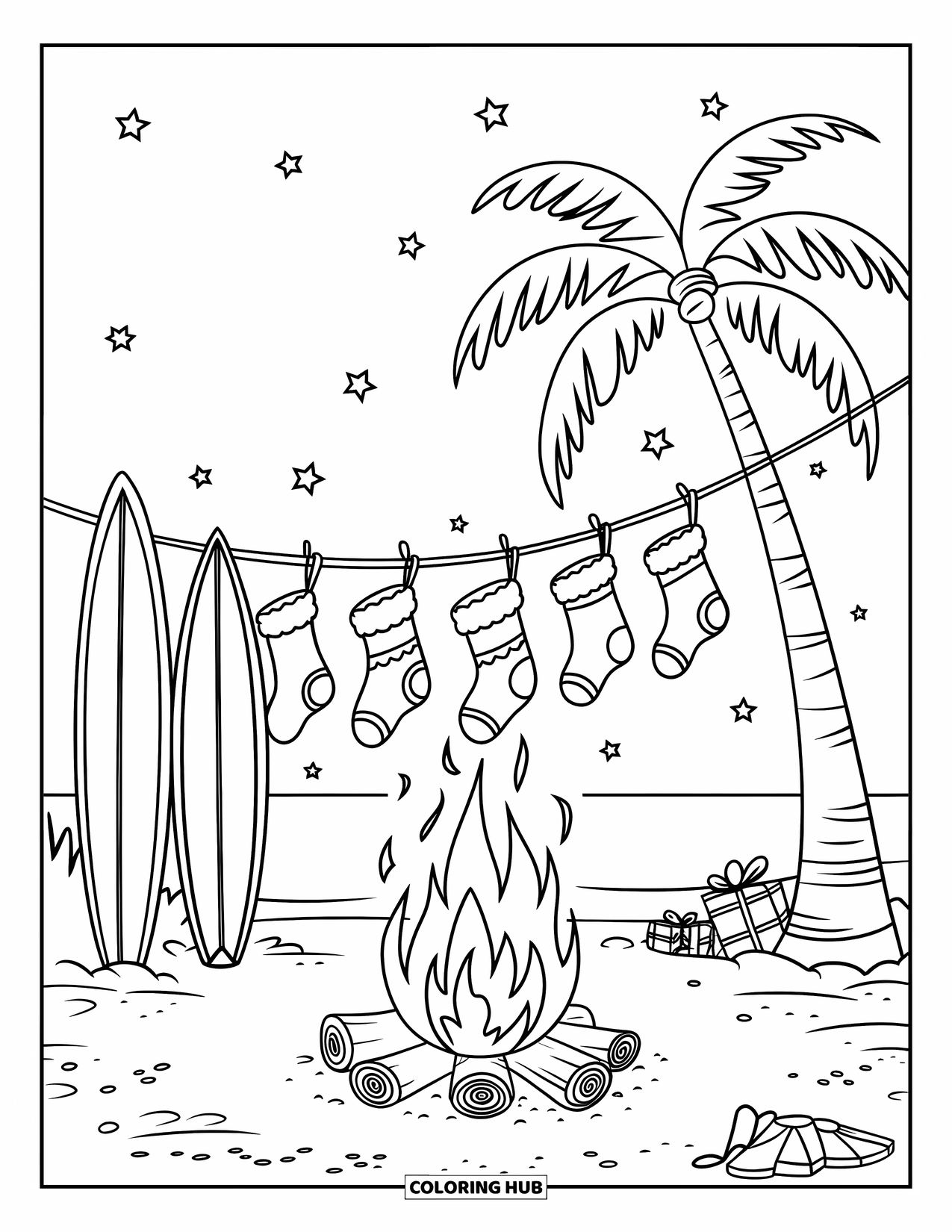 Christmas In July Coloring Page for Kids: Stockings dry near a glowing beach bonfire under a starlit sky