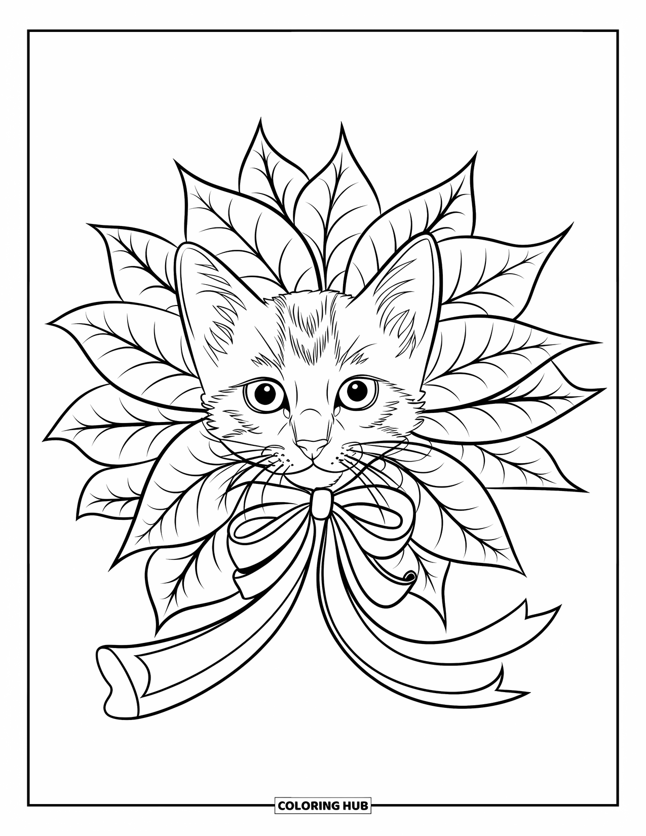 Christmas Kitten Coloring Page for Adults: A bright-eyed kitten surrounded by poinsettia leaves and star patterns