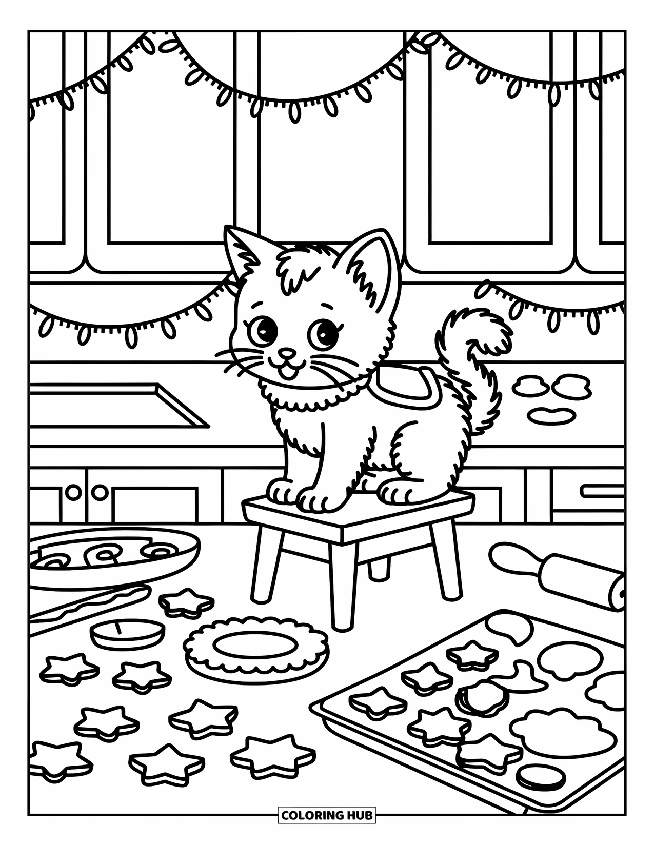 Christmas Kitten Coloring Page for Adults: A cheerful kitten makes holiday cookies under glowing garlands and lights