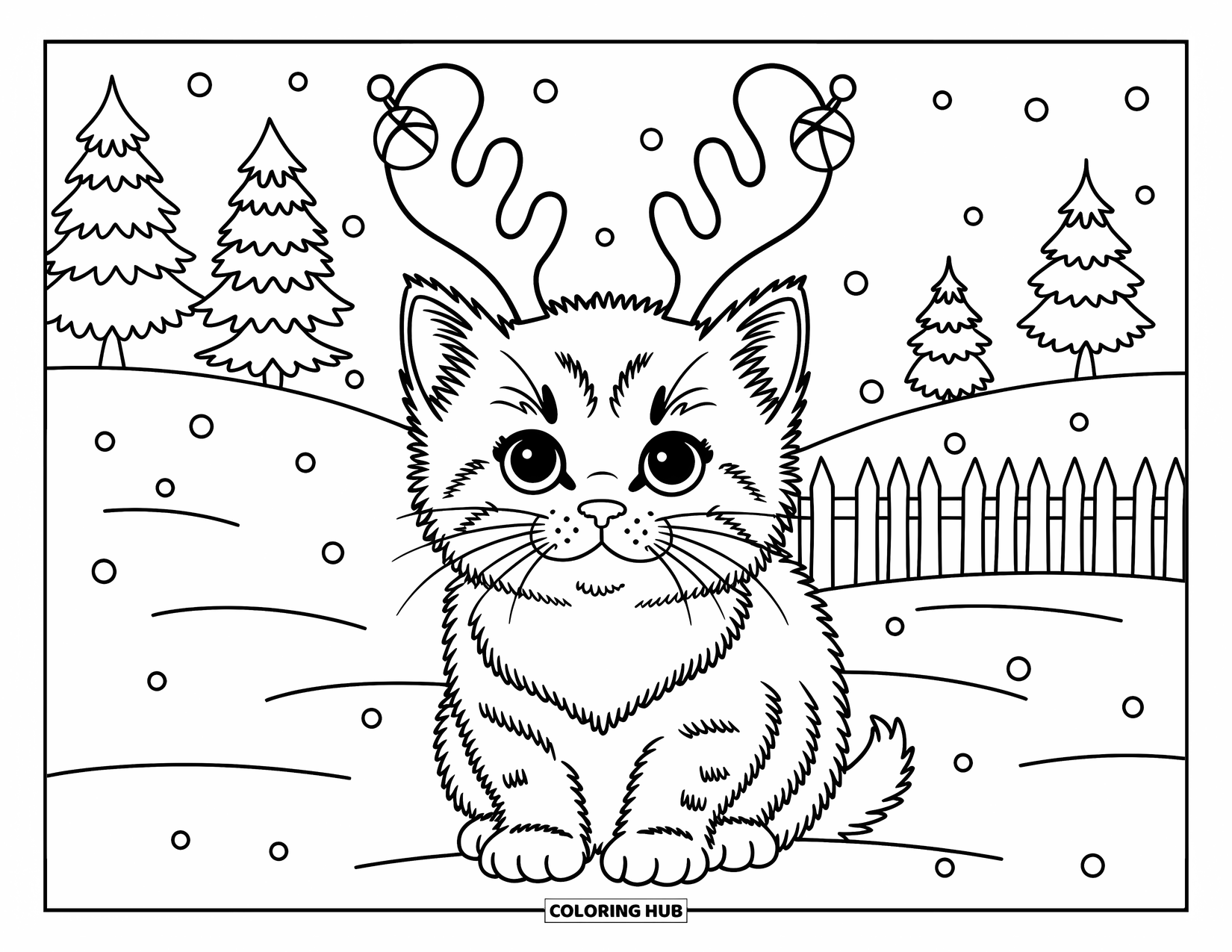Christmas Kitten Coloring Page for Adults: A curious kitten in reindeer antlers watches snowflakes drift by a quiet fence