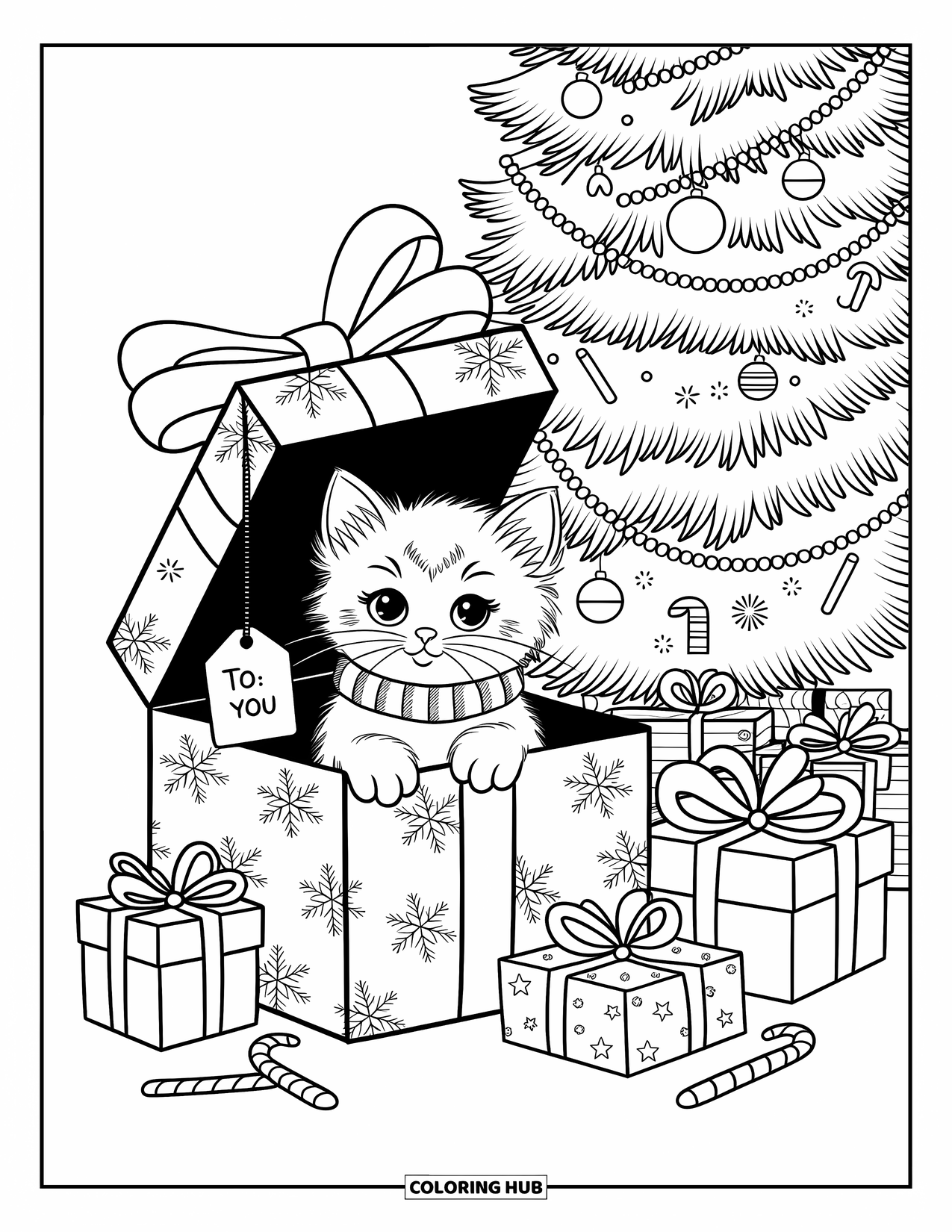 Christmas Kitten Coloring Page for Adults: A curious kitten pops from a bow-topped box beneath a festive tree
