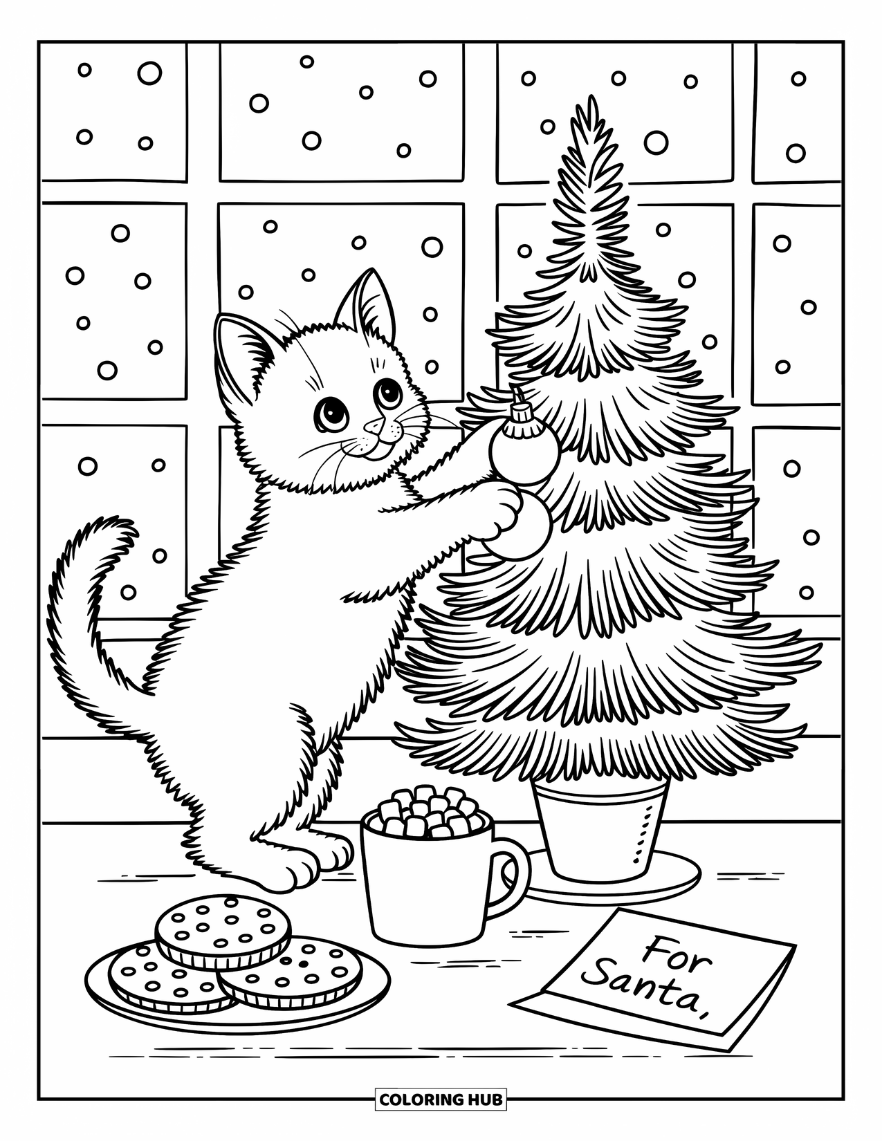 Christmas Kitten Coloring Page for Adults: A kitten hangs ornaments on a tiny tree beside cocoa and cookies for Santa