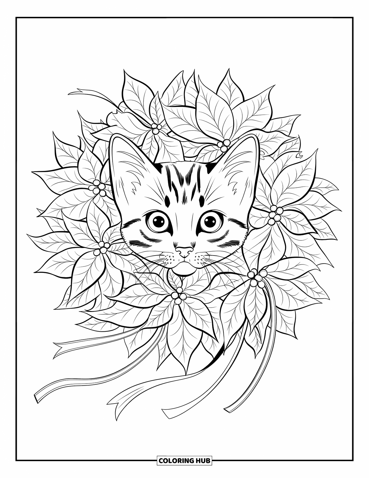 Christmas Kitten Coloring Page for Adults: A kitten in a poinsettia wreath tied with ribbons and intricate leaves