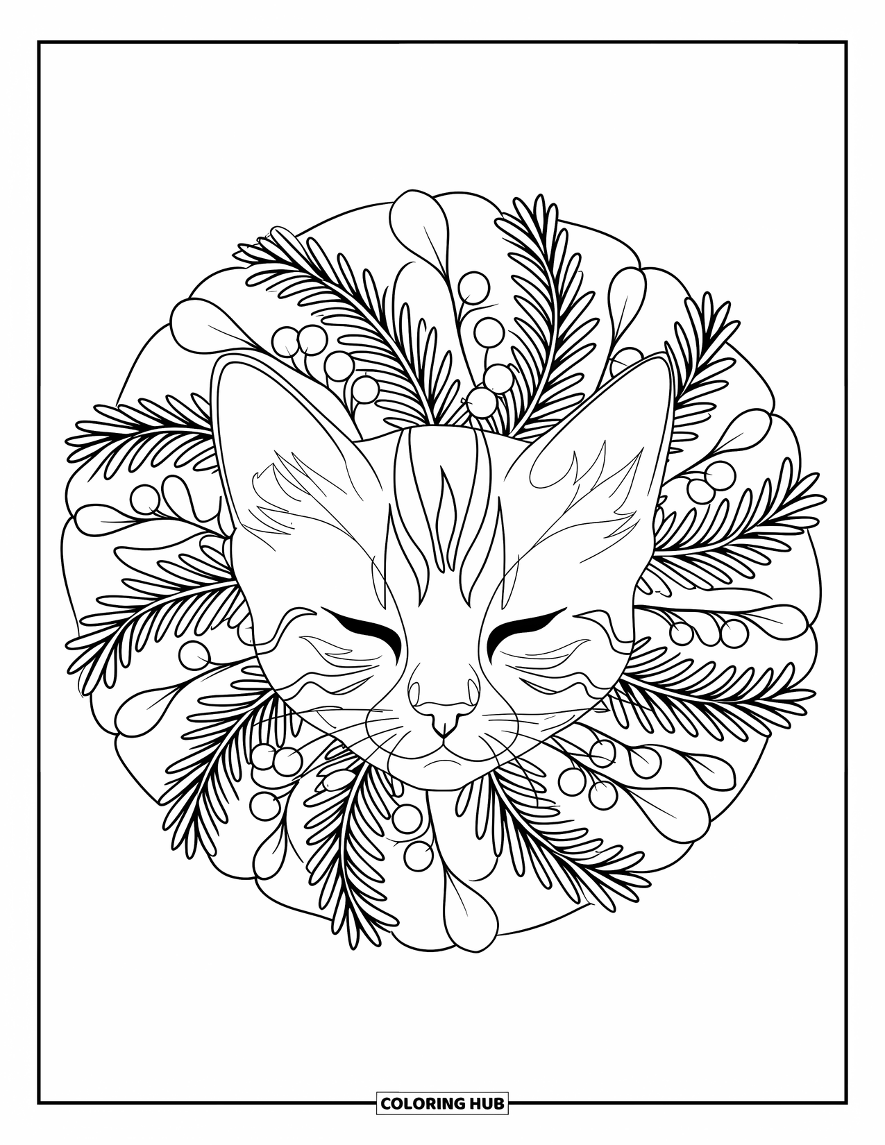 Christmas Kitten Coloring Page for Adults: A kitten nestled among fir branches at the center of a floral mandala