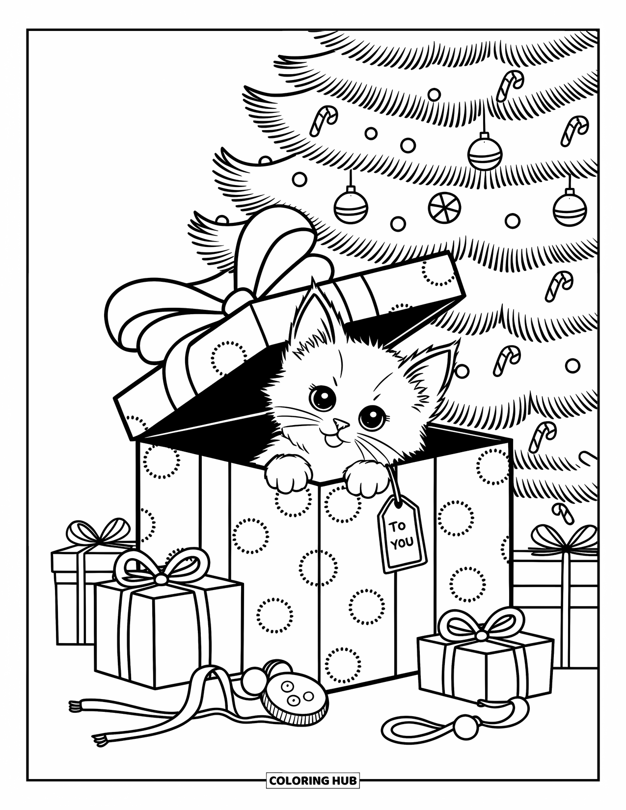 Christmas Kitten Coloring Page for Adults: A kitten peeks playfully from a gift box under a sparkling Christmas tree