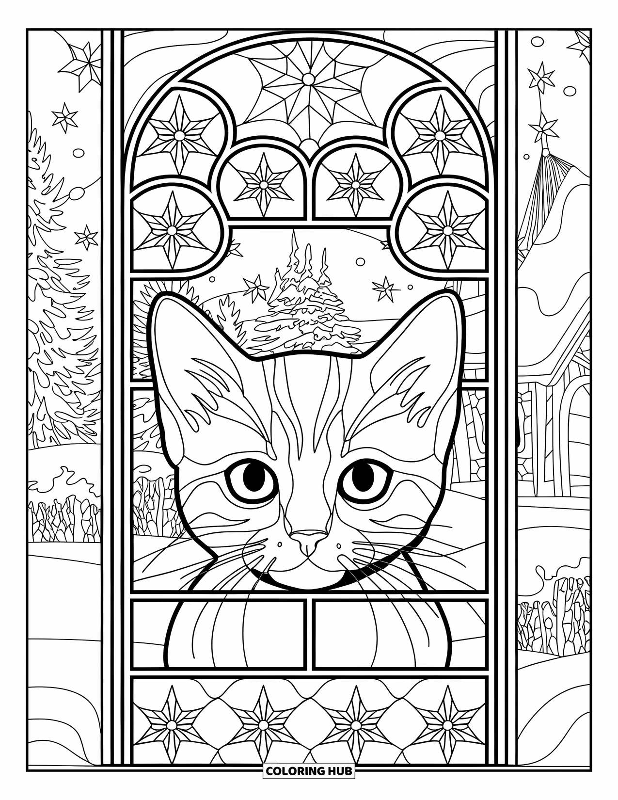 Christmas Kitten Coloring Page for Adults: A kitten peers through a stained glass window into a snowy mountain scene
