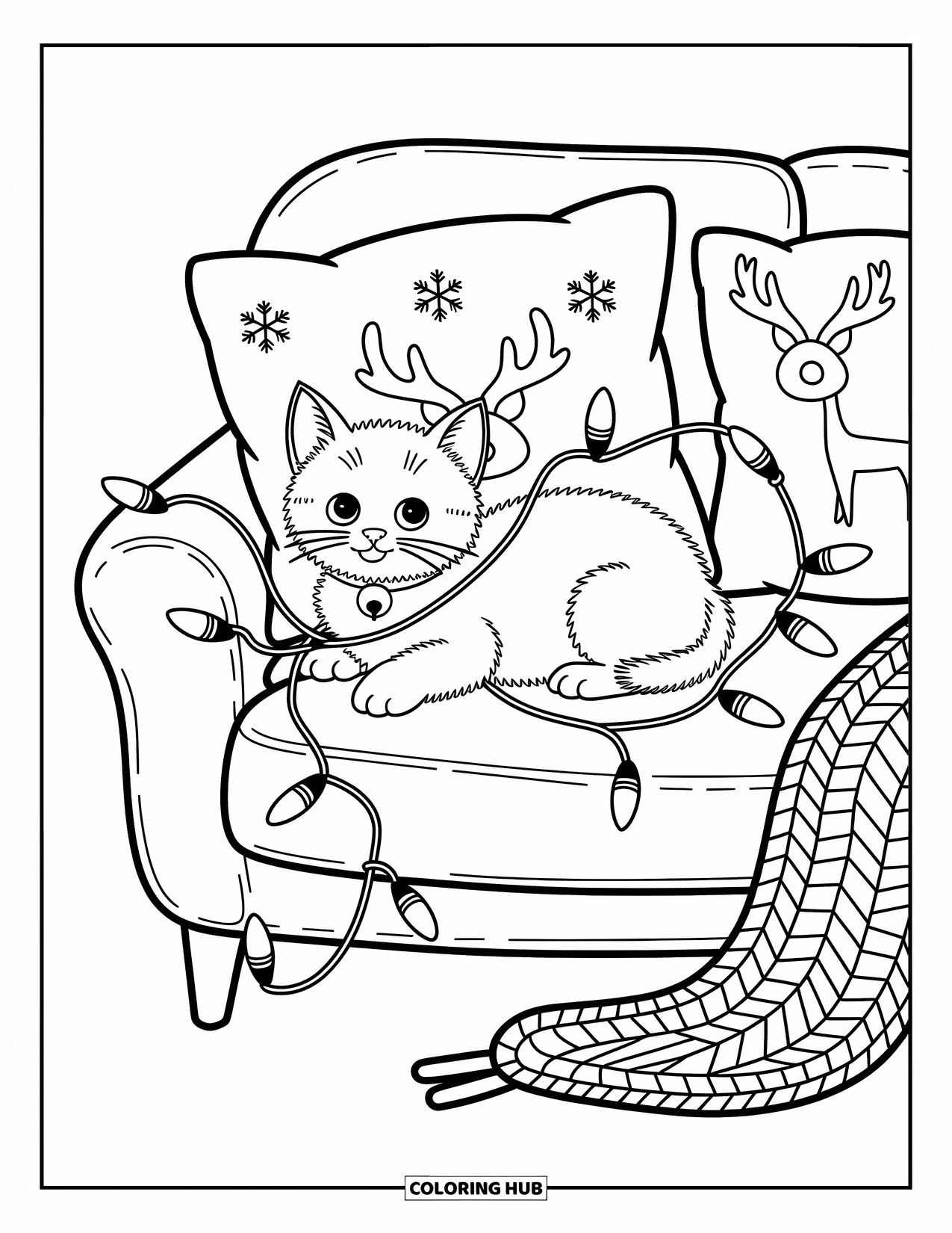 Christmas Kitten Coloring Page for Adults: A kitten playfully wrestles with glowing lights on a cozy couch