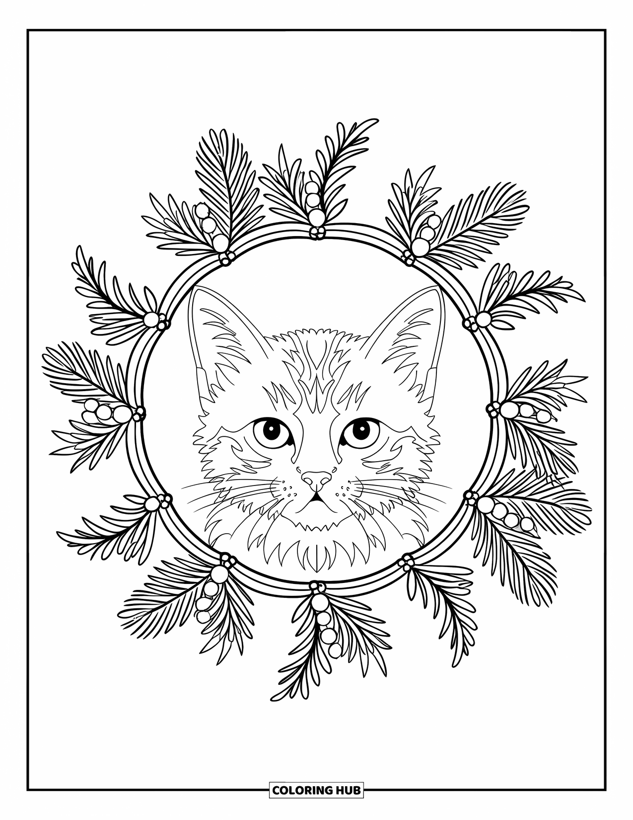 Christmas Kitten Coloring Page for Adults: A kitten rests within a floral mandala of fir branches and mistletoe