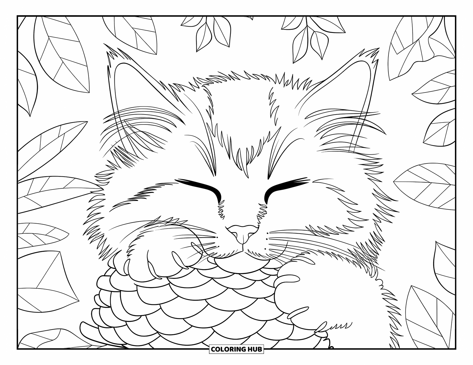 Christmas Kitten Coloring Page for Adults: A kitten sleeping among pinecone spirals and evergreen branches