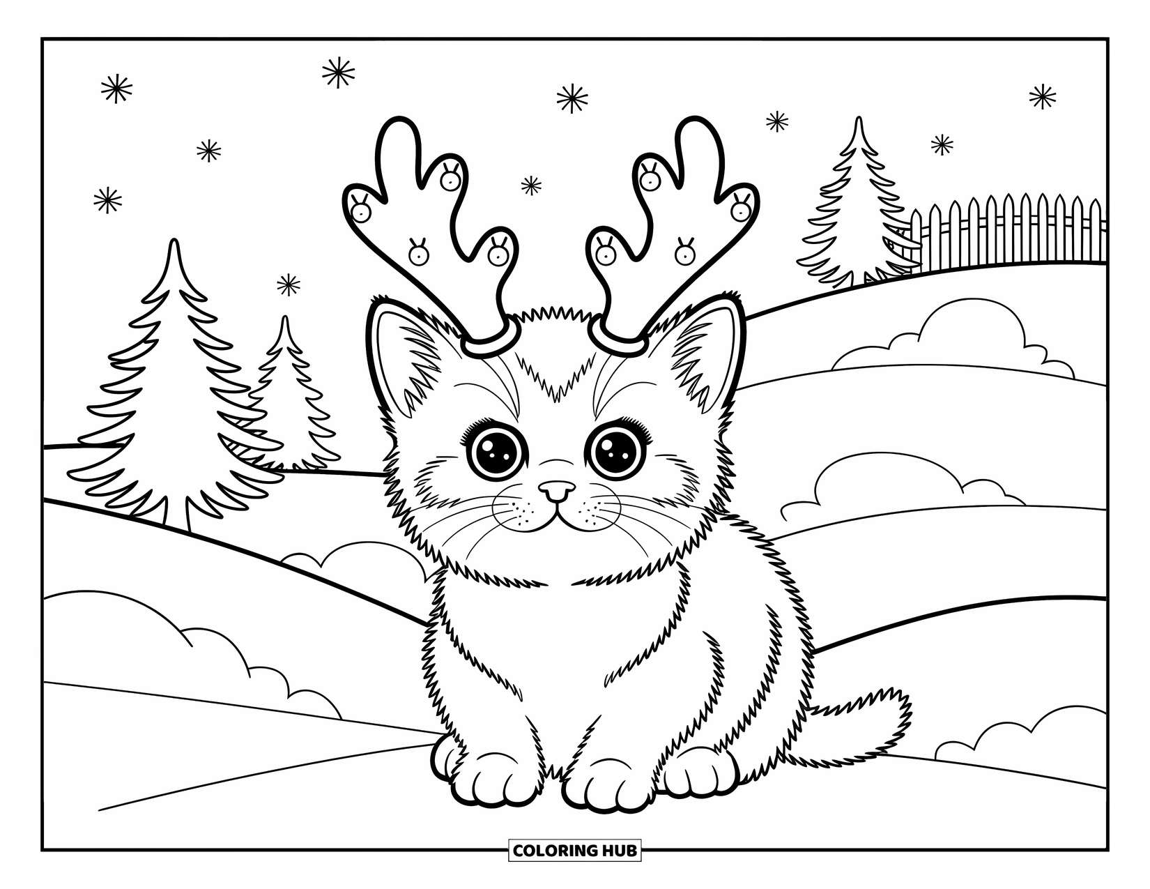 Christmas Kitten Coloring Page for Adults: A kitten with reindeer antlers looks up at falling snow on a peaceful hill
