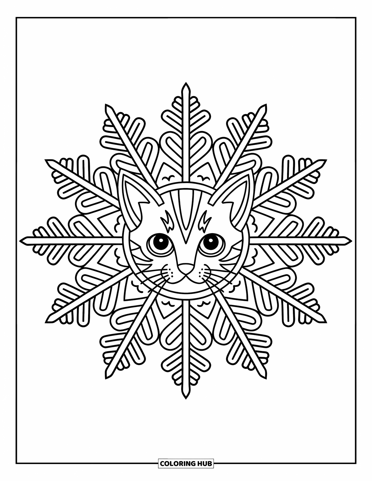 Christmas Kitten Coloring Page for Adults: A kitten's face sits at the center of a symmetrical snowflake mandala