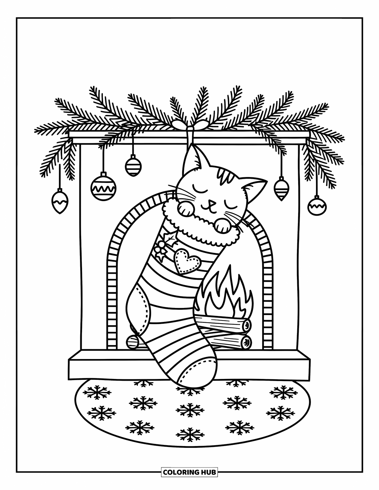 Christmas Kitten Coloring Page for Adults: A peaceful kitten snoozes in a stocking beside a glowing fireplace