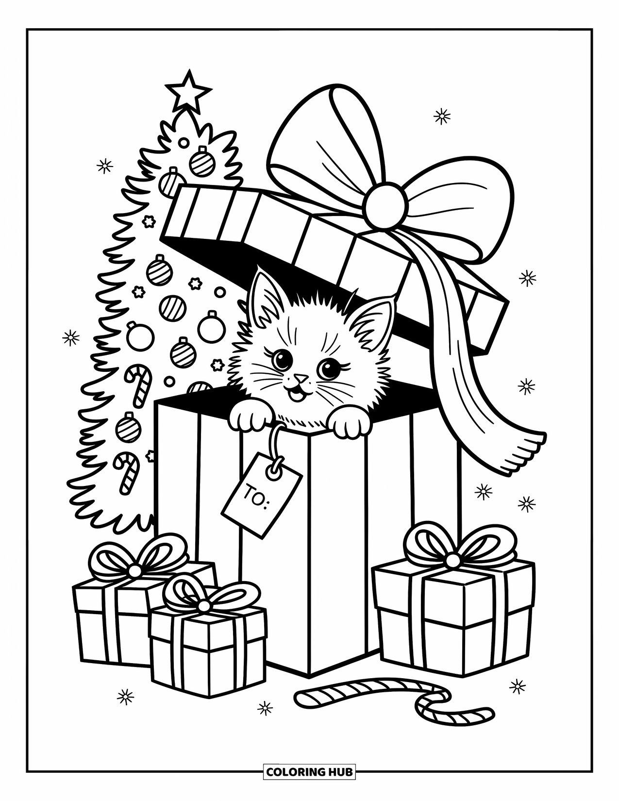 Christmas Kitten Coloring Page for Adults: A playful kitten in a scarf peeks from a gift box beside shining lights