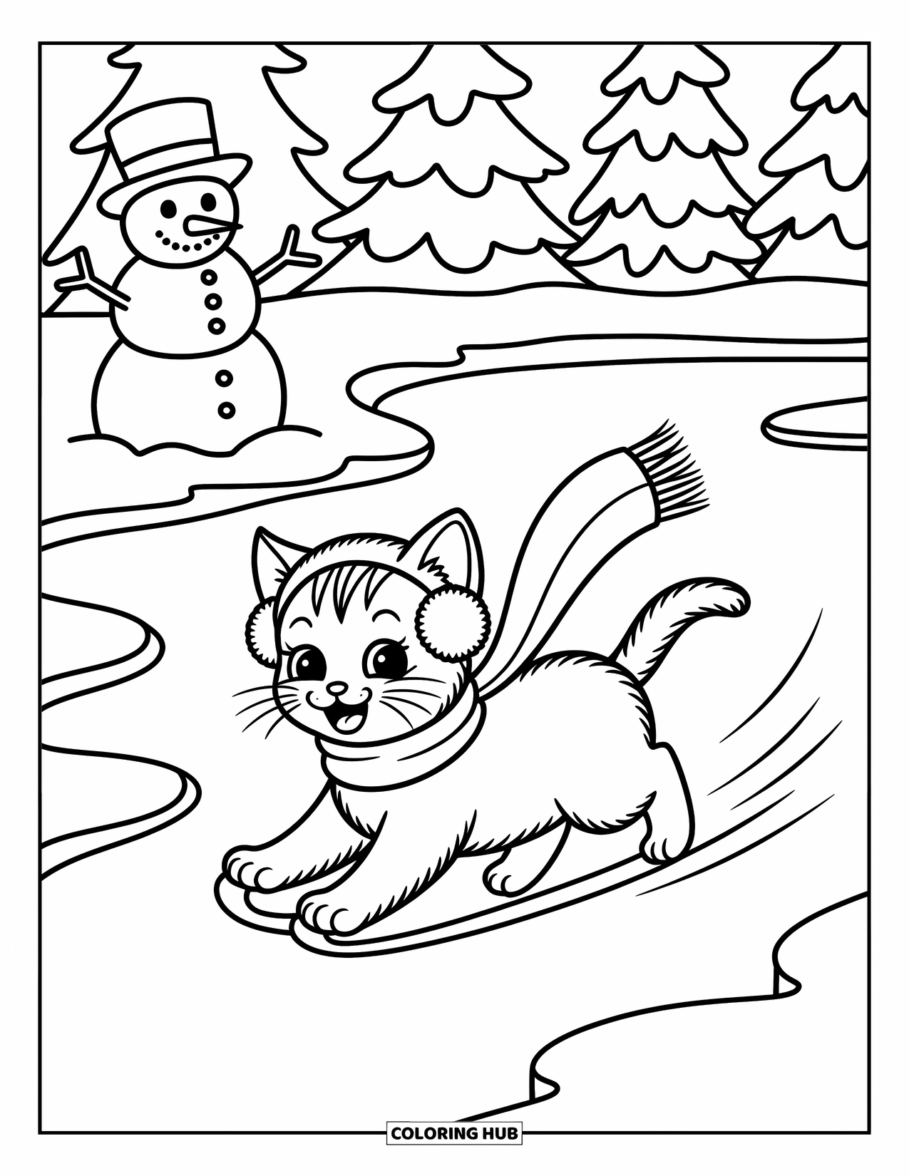 Christmas Kitten Coloring Page for Adults: A playful kitten skates across the ice with trees and a snowman nearby