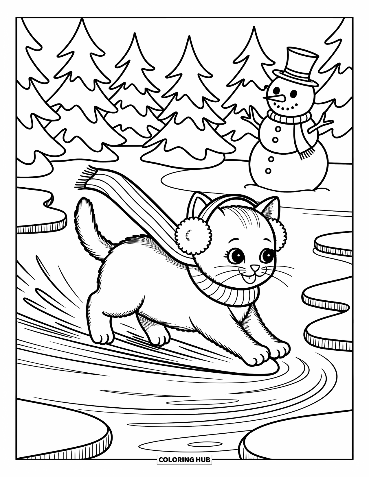 Christmas Kitten Coloring Page for Adults: A scarfed kitten skates across a frozen pond under falling snow