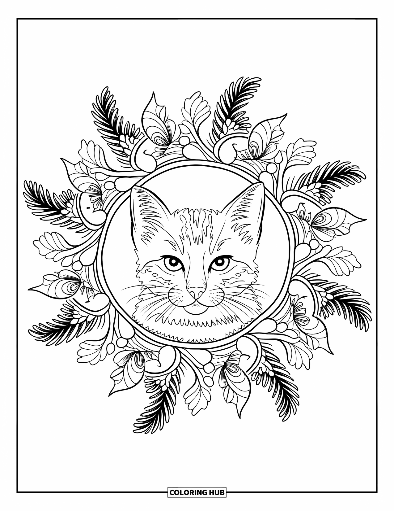 Christmas Kitten Coloring Page for Adults: A serene kitten framed by mistletoe and fir in a circular mandala