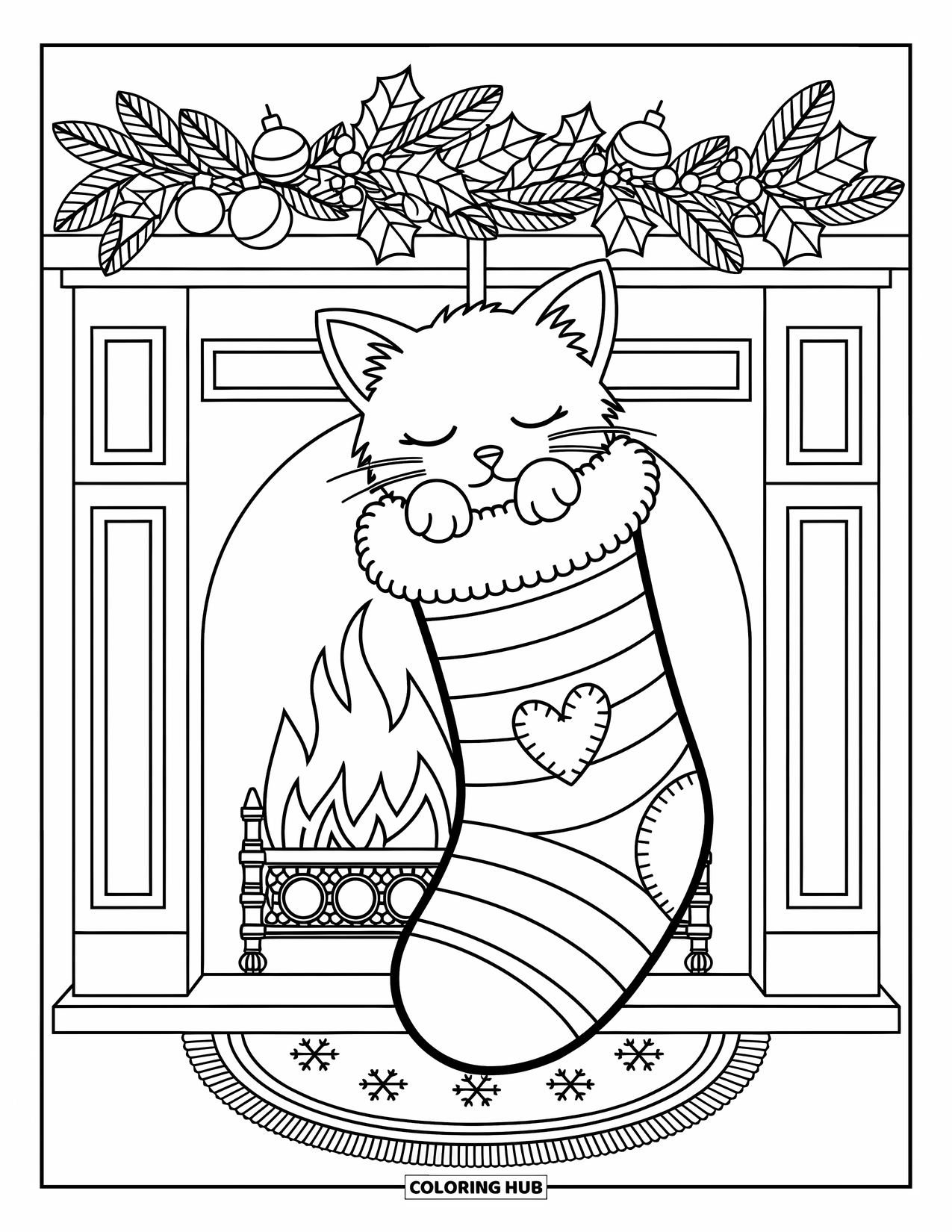 Christmas Kitten Coloring Page for Adults: A sleepy kitten dangles a paw from a stocking over a warm hearth