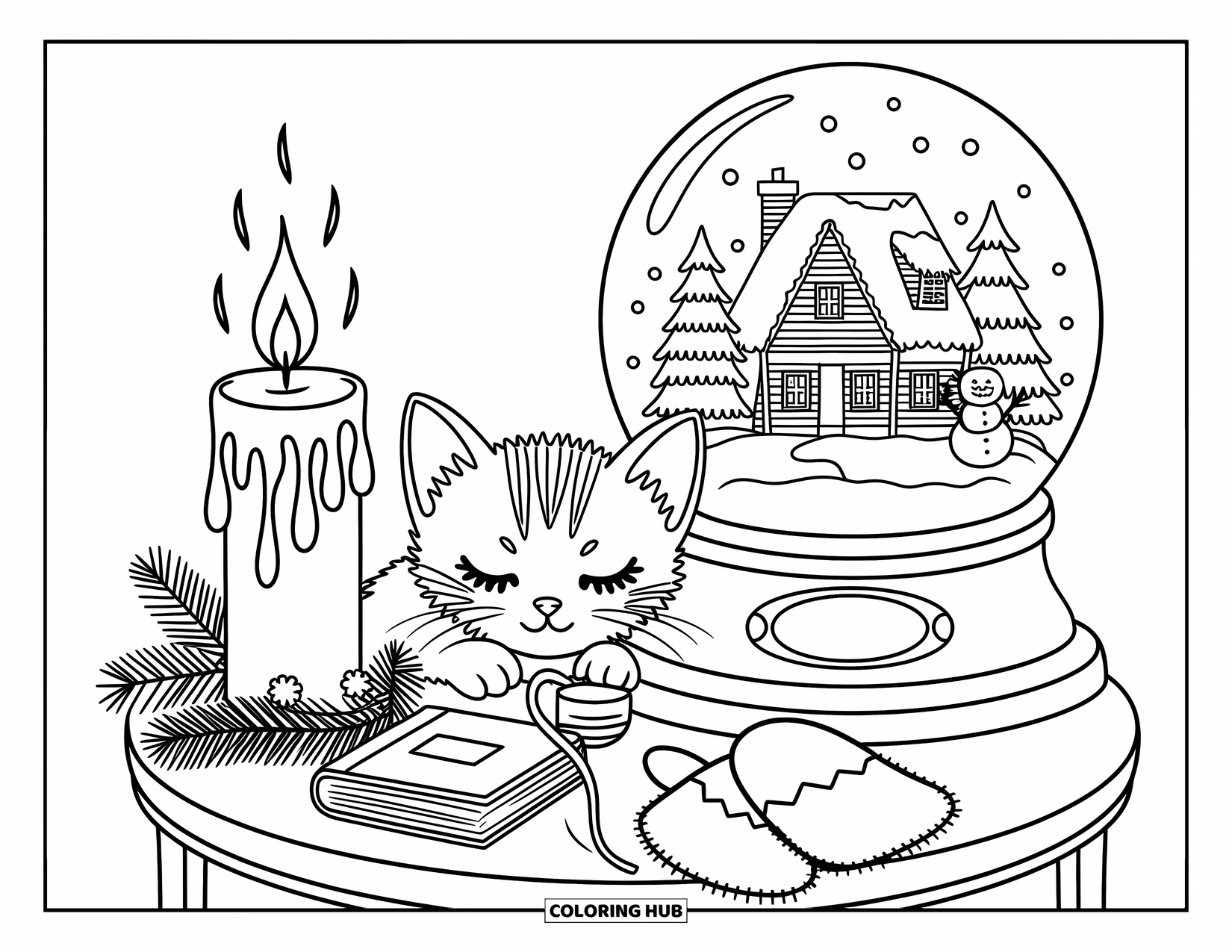 Christmas Kitten Coloring Page for Adults: A sleepy kitten rests beside a glowing snow globe filled with a tiny village
