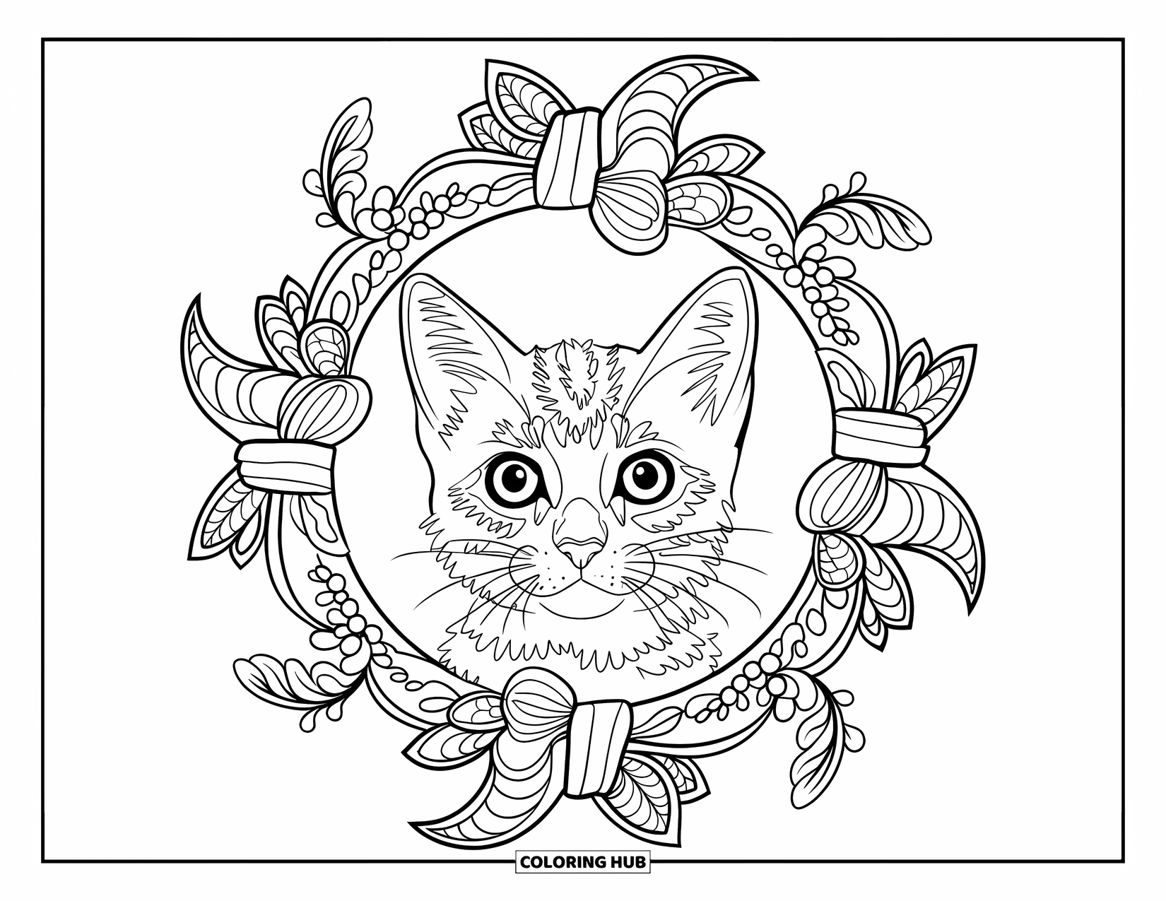 Christmas Kitten Coloring Page for Adults: A wide-eyed kitten framed by intricate ribbons and garlands in a mandala