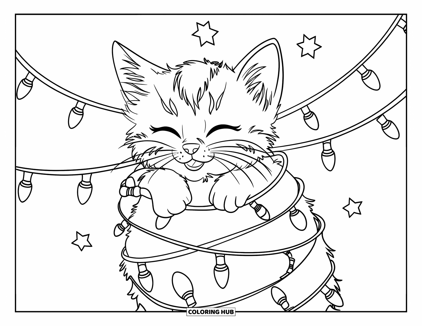 Christmas Kitten Coloring Page for Kids: A blissful kitten glows under string lights hung on a wall