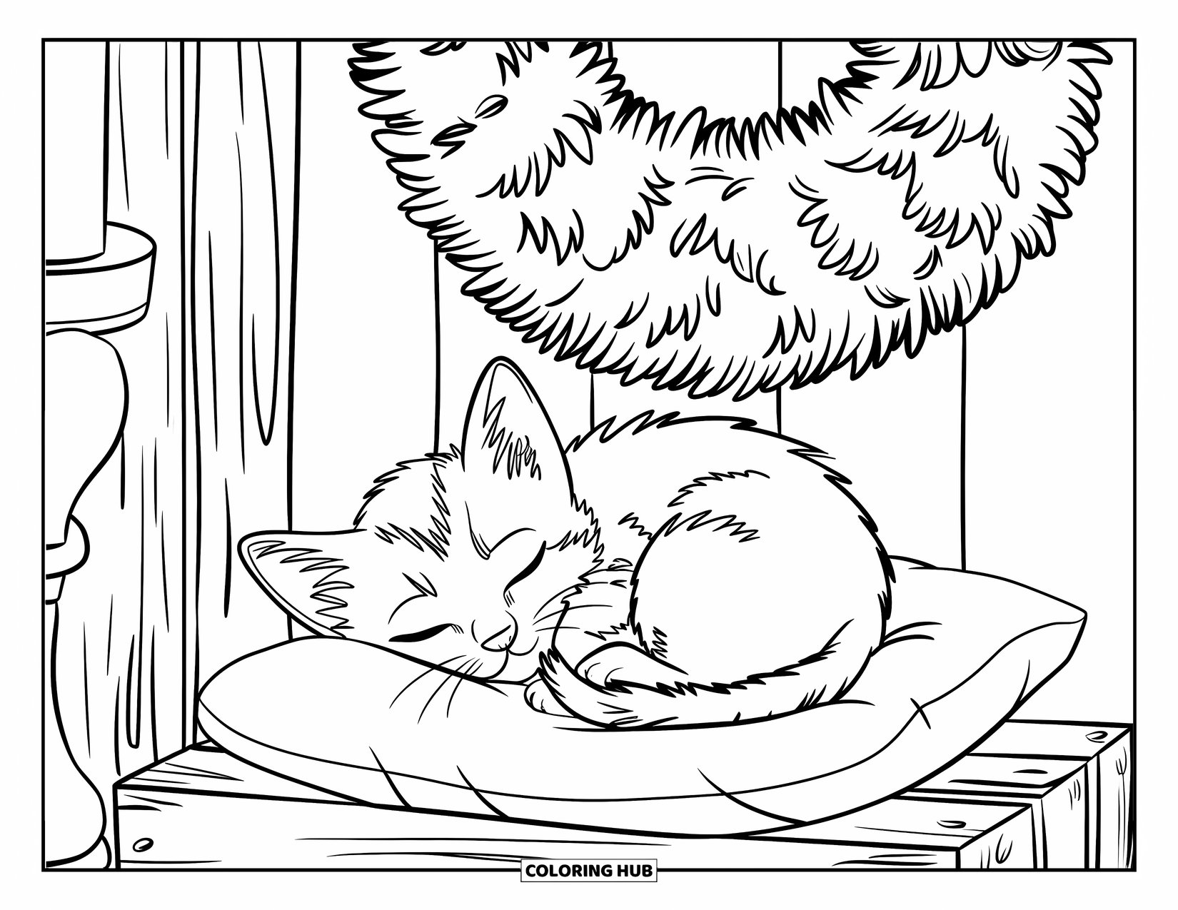 Christmas Kitten Coloring Page for Kids: A cozy kitten curls on a pillow under a wreath and candlelight