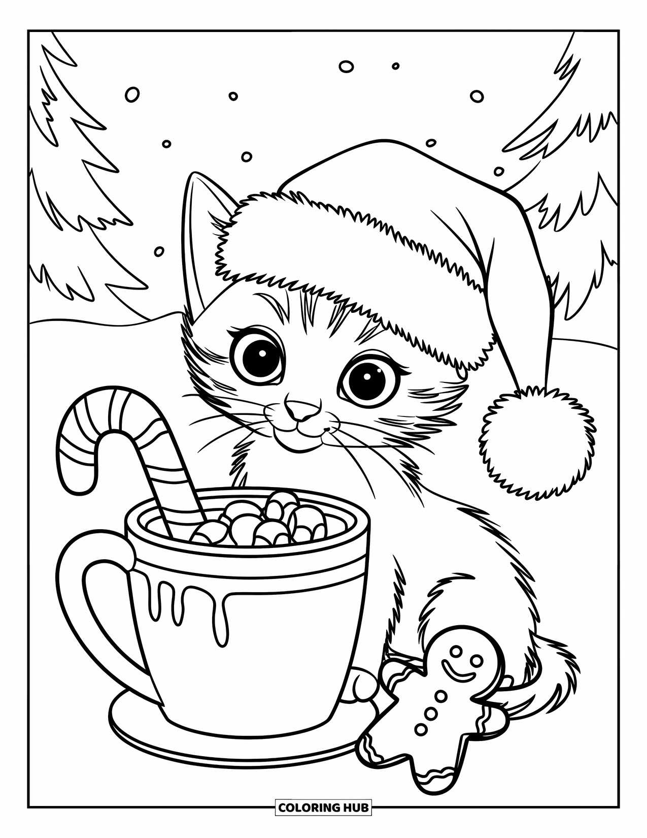 Christmas Kitten Coloring Page for Kids: A cozy kitten enjoys cocoa and candy canes by the snowy trees