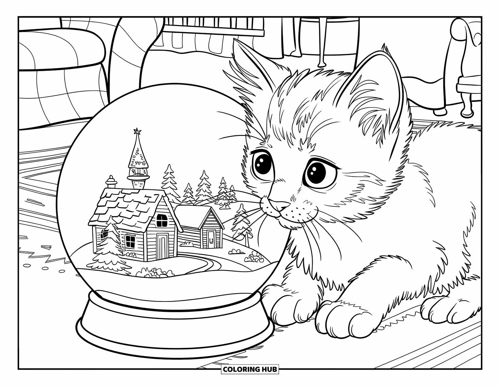Christmas Kitten Coloring Page for Kids: A cozy kitten watches a tiny village inside a glowing snow globe