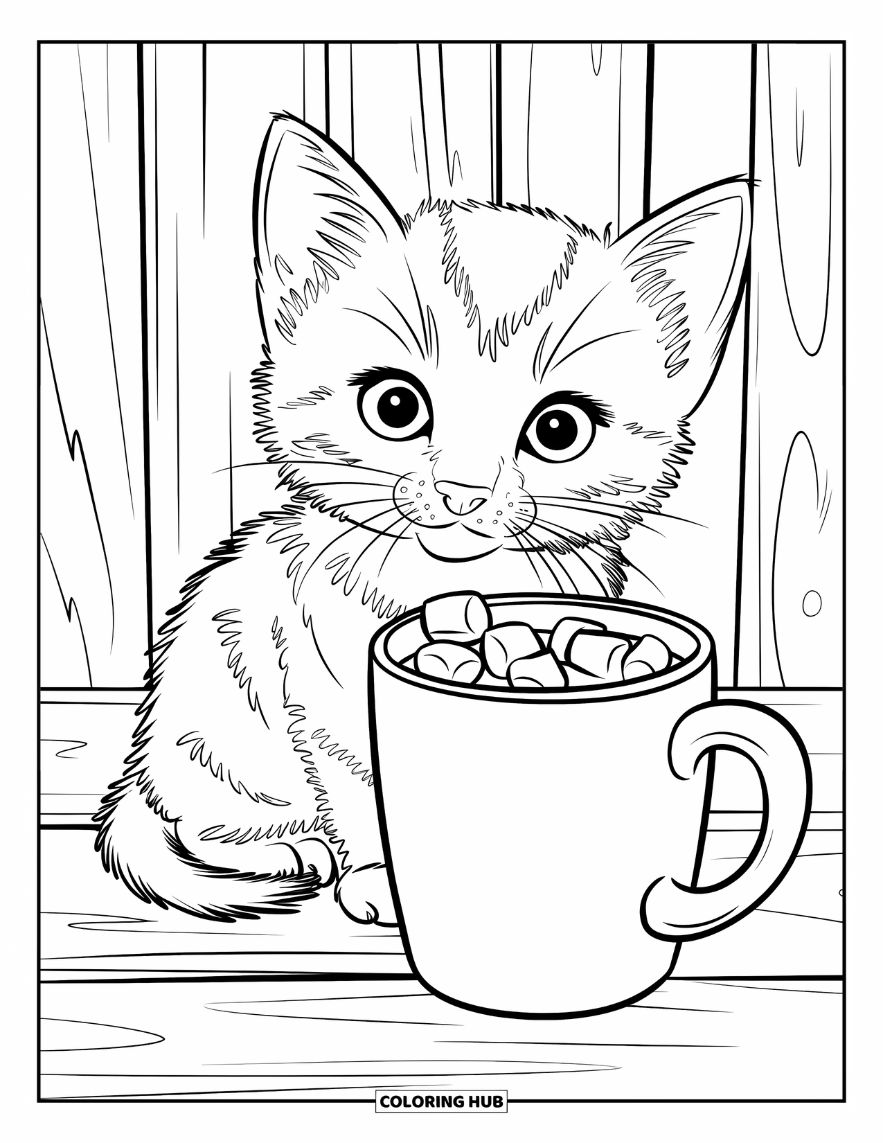 Christmas Kitten Coloring Page for Kids: A fluffy kitten sits beside a mug of cocoa and marshmallows