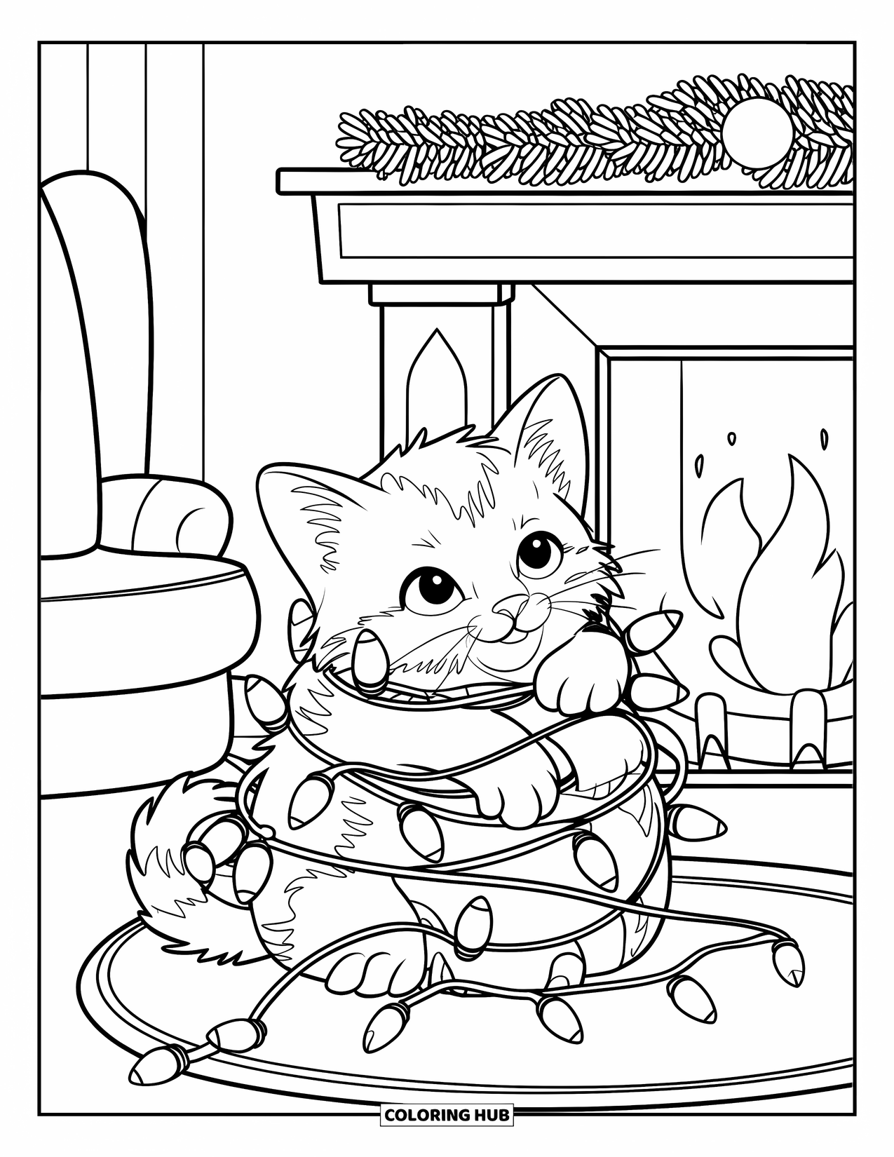 Christmas Kitten Coloring Page for Kids: A kitten covered in string lights relaxes beside a glowing fire