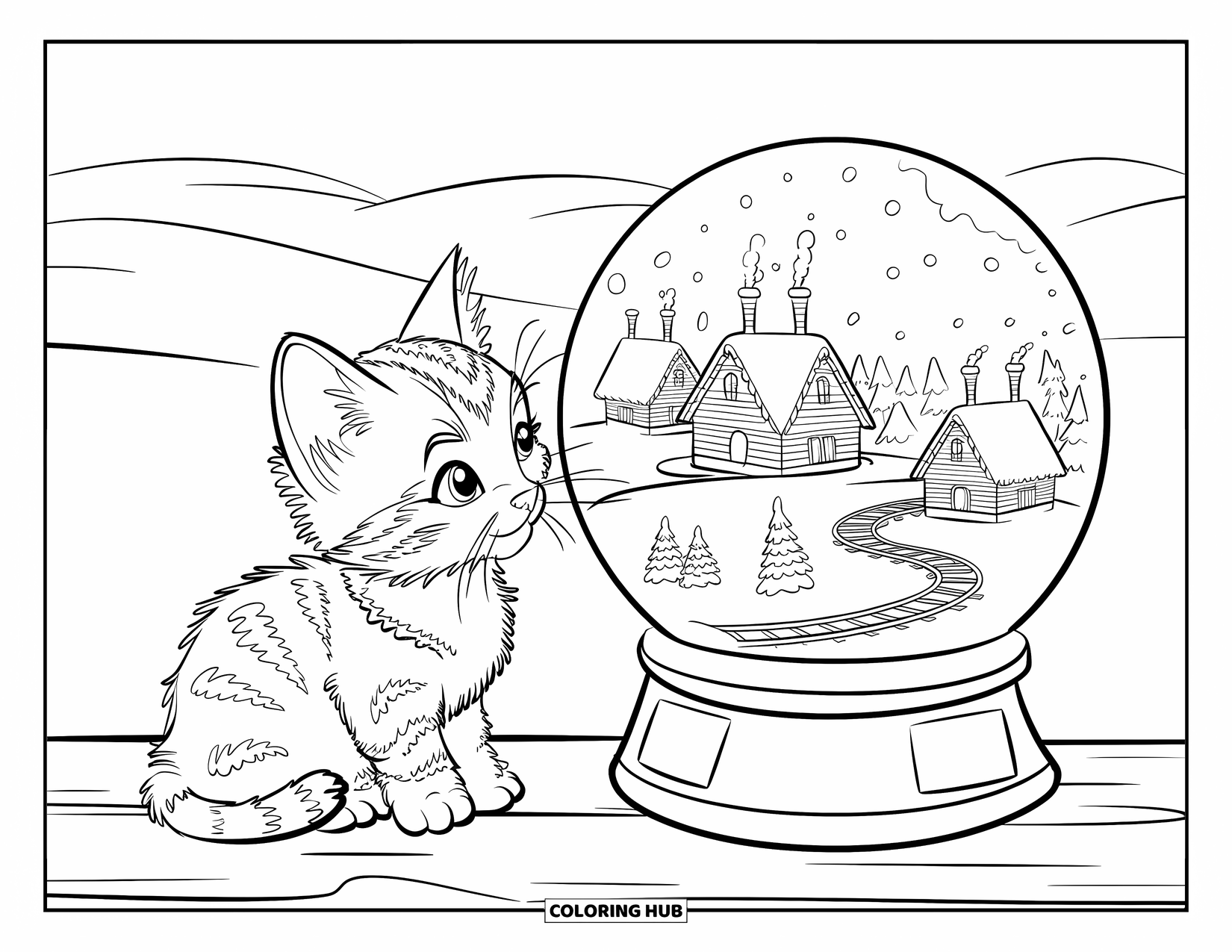 Christmas Kitten Coloring Page for Kids: A kitten gazes into a snow globe village surrounded by soft hills