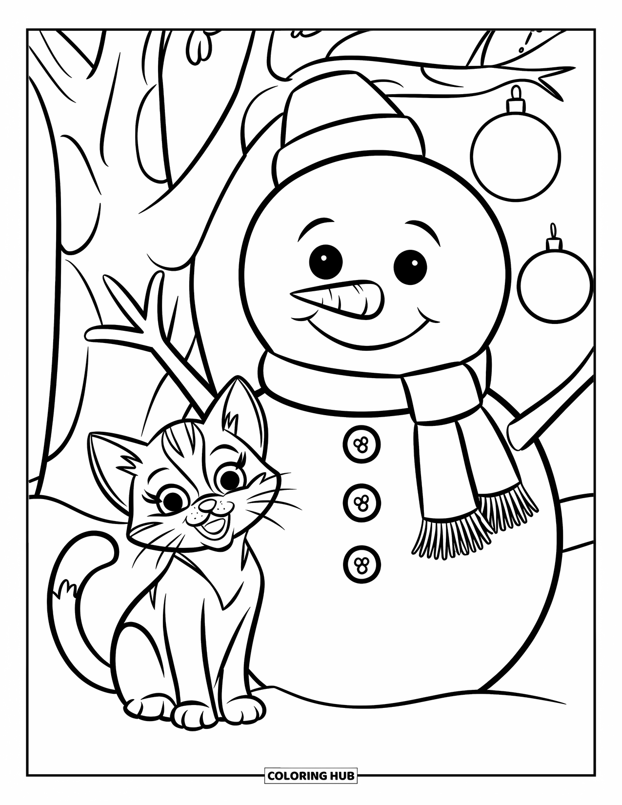 Christmas Kitten Coloring Page for Kids: A kitten in a hat sits with a snowman under falling snow