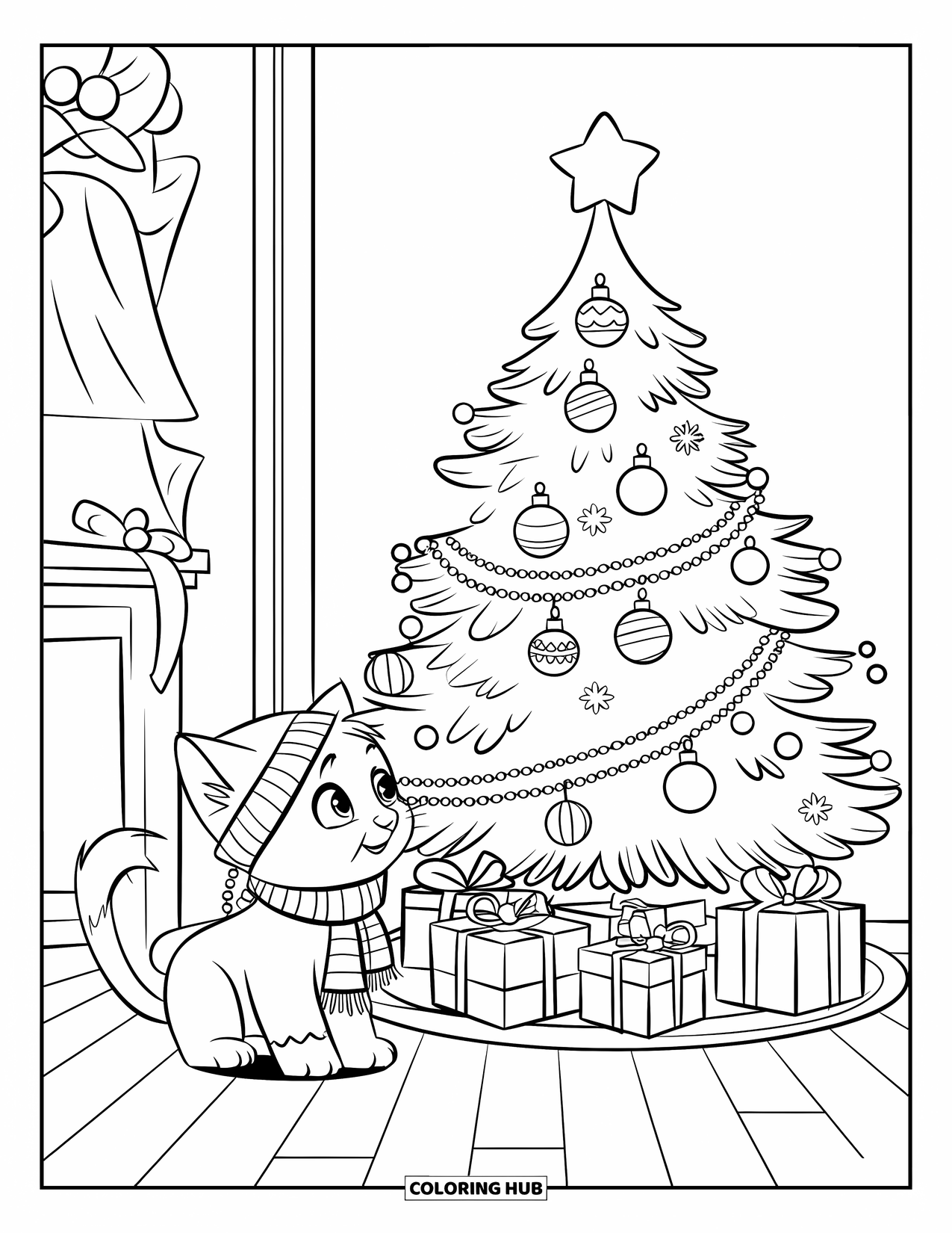 Christmas Kitten Coloring Page for Kids: A kitten in a hat watches a twinkling tree with gifts below