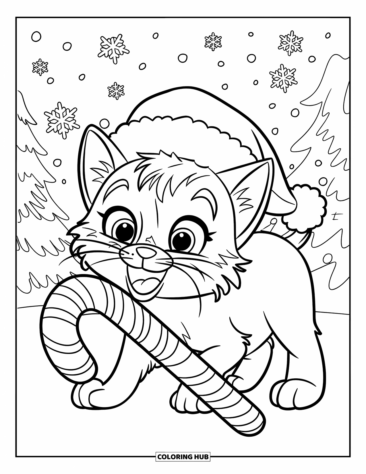 Christmas Kitten Coloring Page for Kids: A kitten in a Santa hat plays with a candy cane in the snow