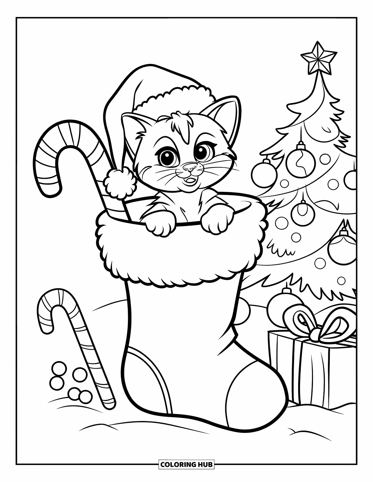 Christmas Kitten Coloring Page for Kids: A kitten in a stocking smiles beside candy canes and gifts