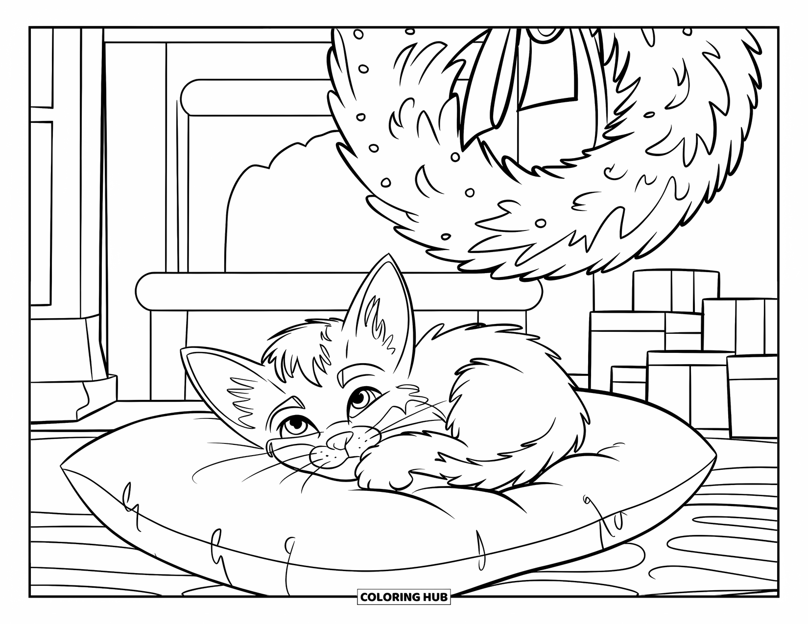 Christmas Kitten Coloring Page for Kids: A kitten naps near a wreath in a warm, peaceful room