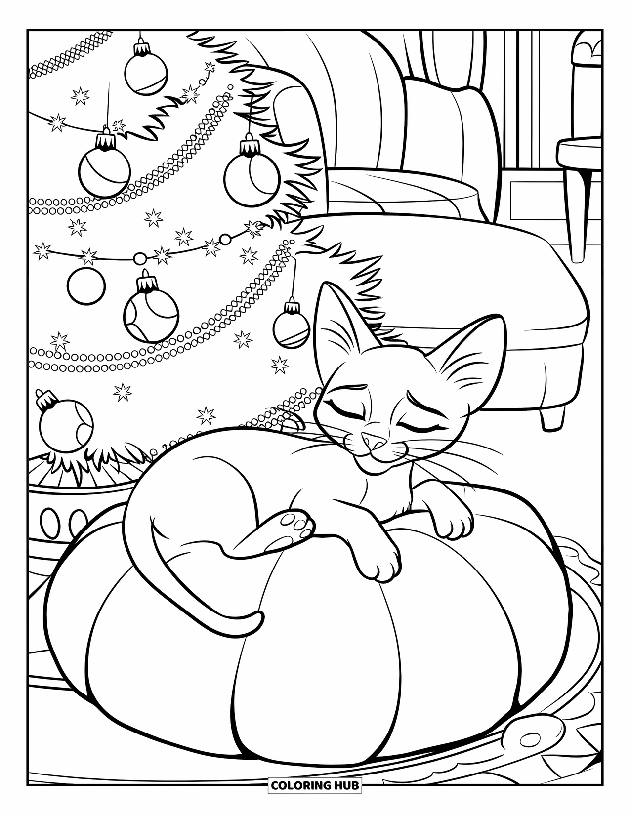 Christmas Kitten Coloring Page for Kids: A kitten naps under a glittering tree in a warm living room