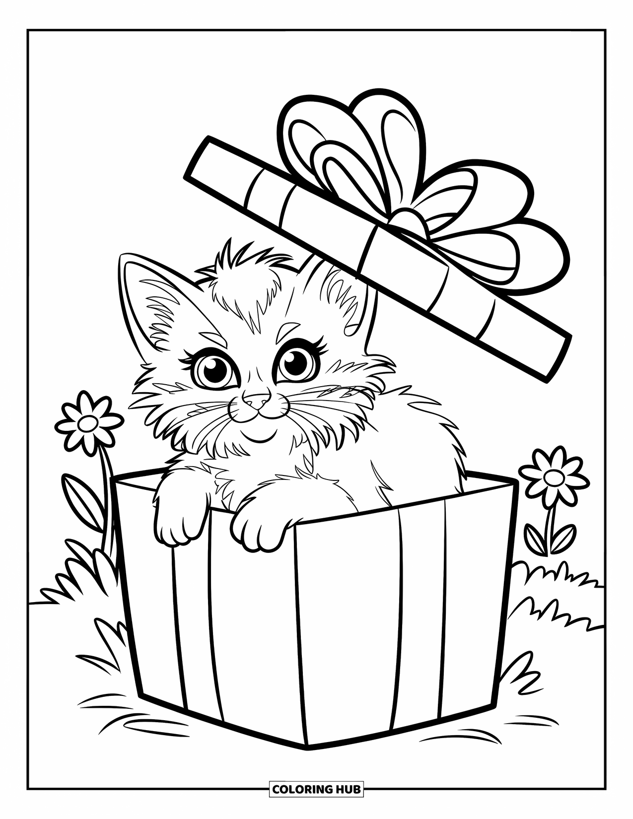 Christmas Kitten Coloring Page for Kids: A kitten peeks from a gift box surrounded by flowers
