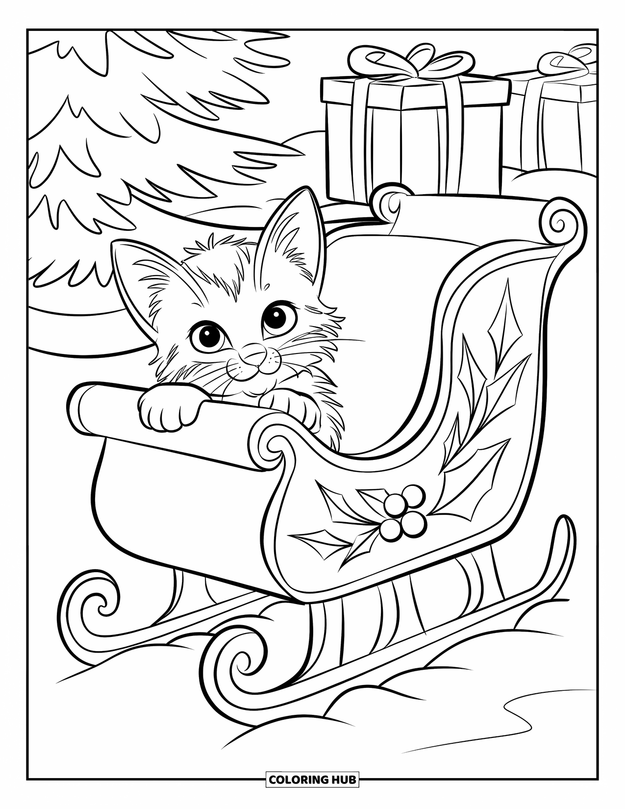 Christmas Kitten Coloring Page for Kids: A kitten peeks from a sleigh surrounded by gifts and a tree